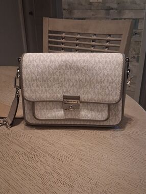 Michael Kors Cream Logo-Print Crossbody Bag with  Silver Hardware